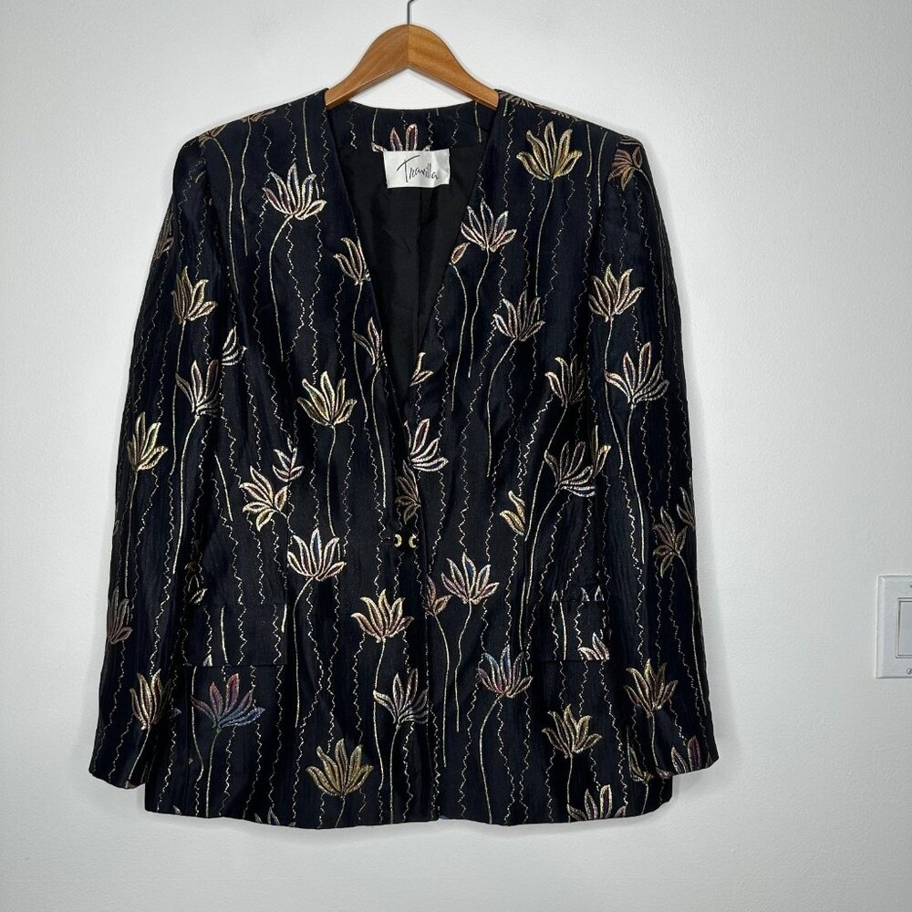 Vintage Travilla Metallic Floral Blazer Jacket Size‎ 18 Black Gold